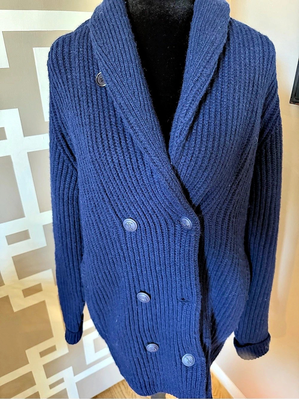 Vtg Pringle of Scotland Men's 100% Shetland Wool Dbl Breasted Cardigan Blue L